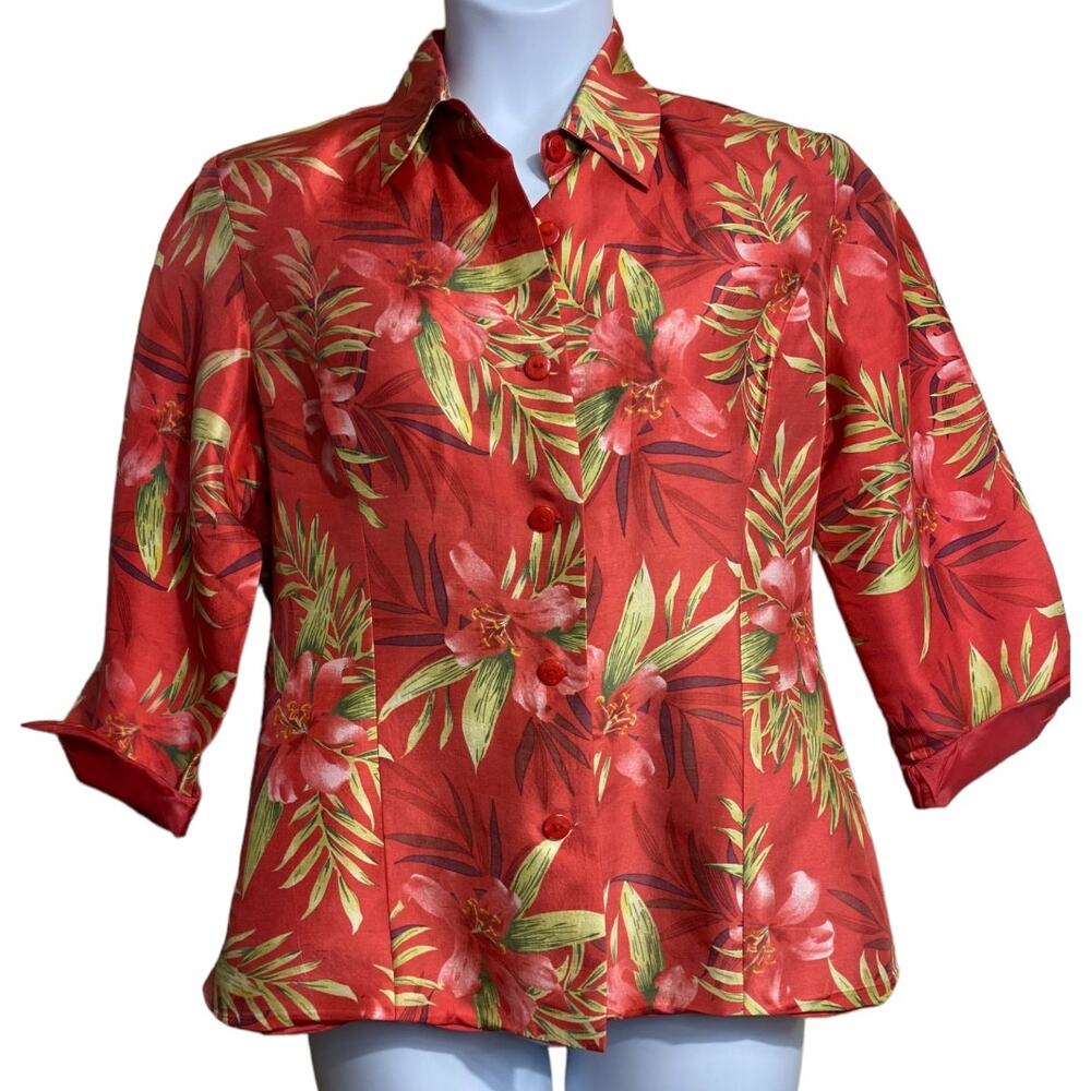 SilkLand red tropical‎ print 100% pure silk button front blouse Size 12